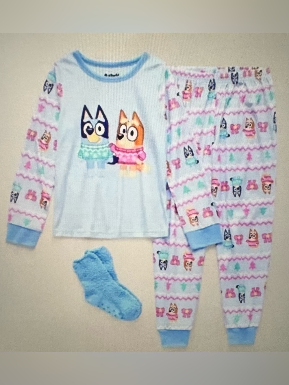 Bluey Light Blue Kids Pajama Set with Cartoon Animal Accent Size 6